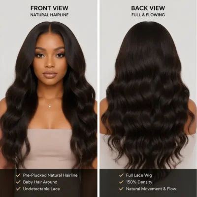 Full Lace Wig Front and Back View Collage, Hairstyle & Hand-tied Cap Details
