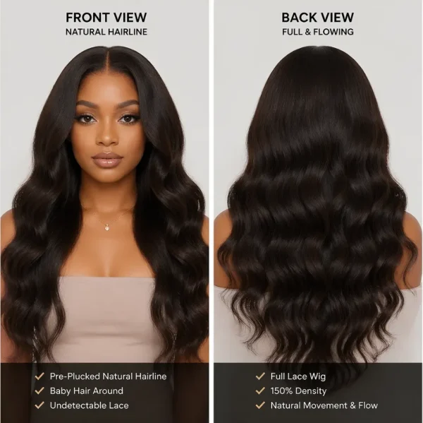 Full Lace Wig Front and Back View Collage, Hairstyle & Hand-tied Cap Details