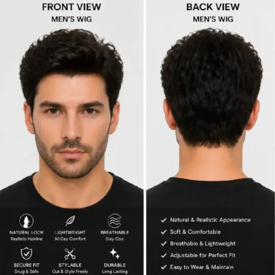 Men's Wig Front and Back View Collage, Hairstyle and Wig Cap Details