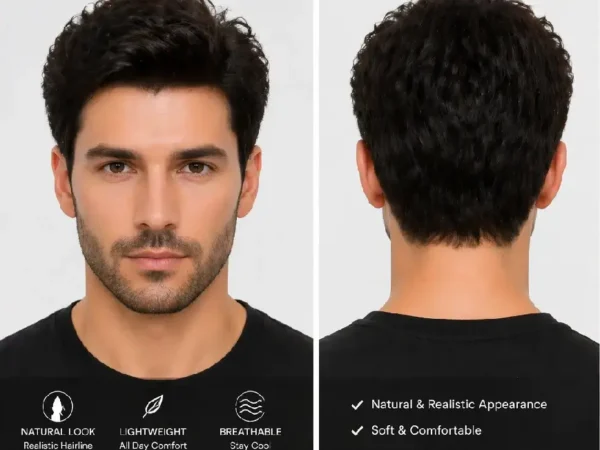 Men's Wig Front and Back View Collage, Hairstyle and Wig Cap Details