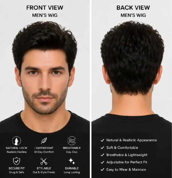 Men's Wig Front and Back View Collage, Hairstyle and Wig Cap Details