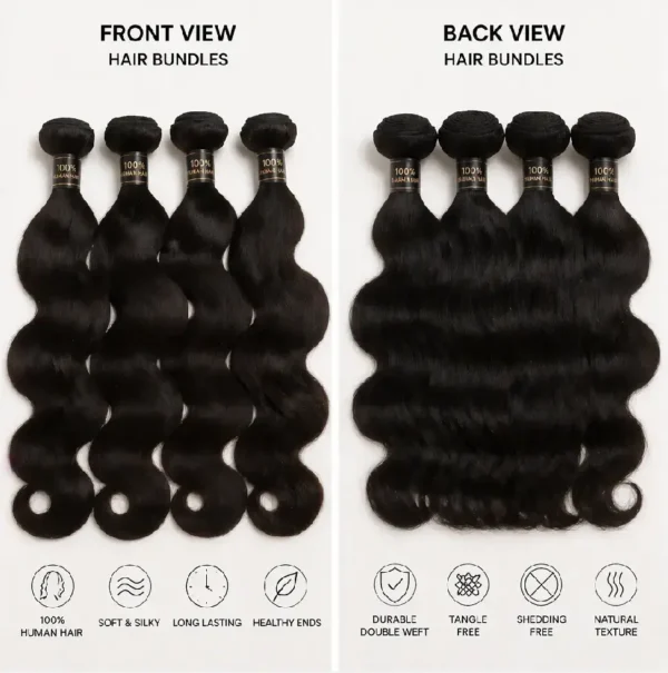 2 Synthetic Hair Bundles Front and Back View, Human Hair Bundles Double Sides Display