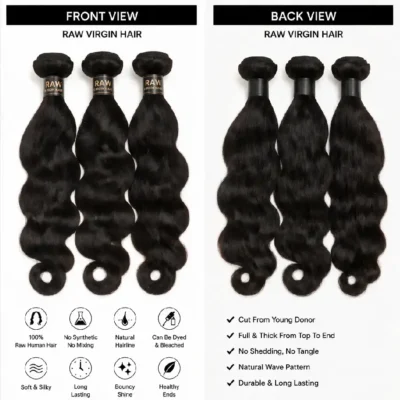 2 Raw Virgin Hair front and back view, 100% unprocessed human hair bundle, premium raw virgin hair wholesale from China manufacturer
