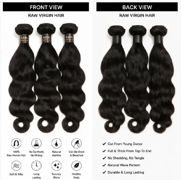2 Raw Virgin Hair front and back view, 100% unprocessed human hair bundle, premium raw virgin hair wholesale from China manufacturer