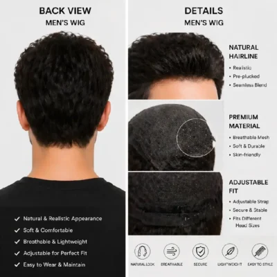 Men's Wig Back View & Inner Cap Breathable Mesh Detail Collage