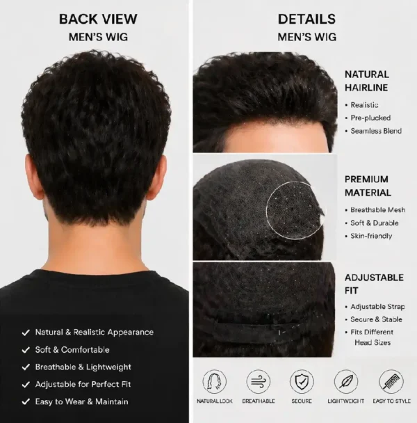 Men's Wig Back View & Inner Cap Breathable Mesh Detail Collage