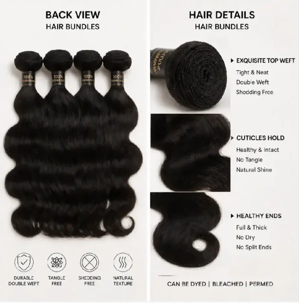 3 Synthetic Hair Bundles Reverse Side and Texture Detail Close Up