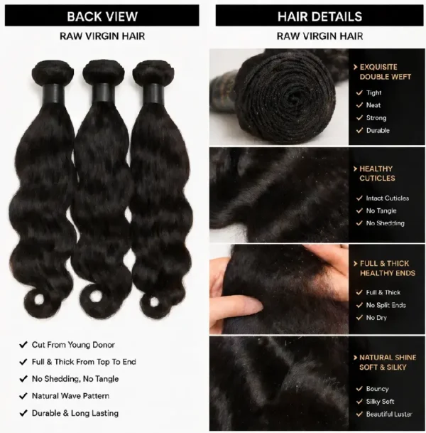 3 Raw Virgin Hair back view and texture details, unprocessed human hair weft close-up, high quality virgin hair wholesale from China manufacturer