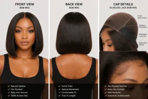 Bob Wigs Human Hair 3-in-1 Collage: Front View, Back Cap Net & Hairline Close-up Details