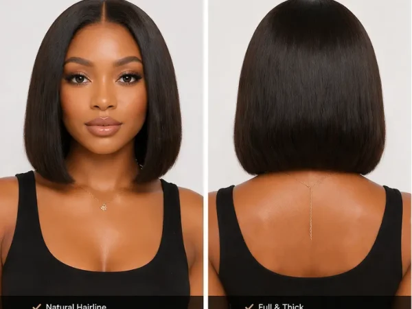 Bob Wig Front and Back View Collage, Hairstyle and Wig Cap Details