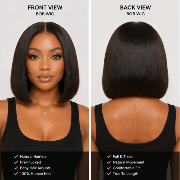 Bob Wig Front and Back View Collage, Hairstyle and Wig Cap Details
