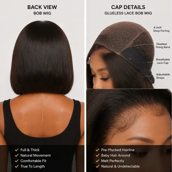 Bob Wig Front and Back View Collage, Hairstyle and Wig Cap Details