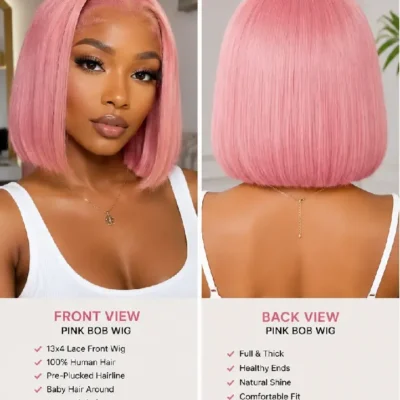 Pink Bob Wig Front and Back View, Short Straight Bob Wig for Women