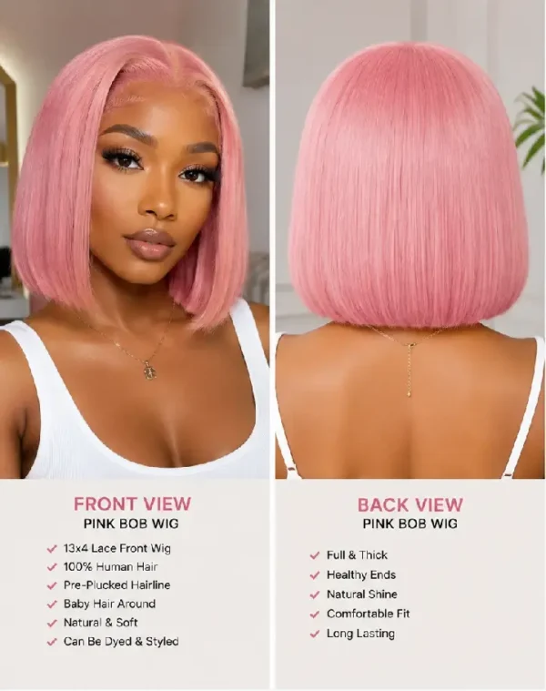 Pink Bob Wig Front and Back View, Short Straight Bob Wig for Women