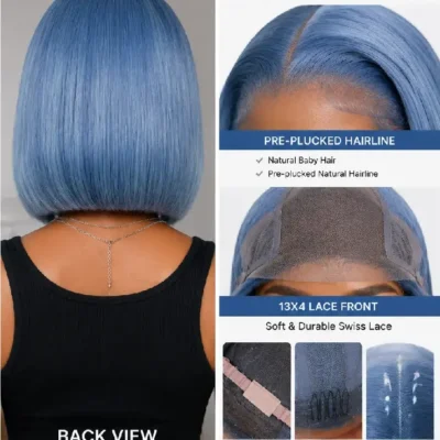 Blue Bob Wig Back View and Detail Close Up, Synthetic Short Bob Wig