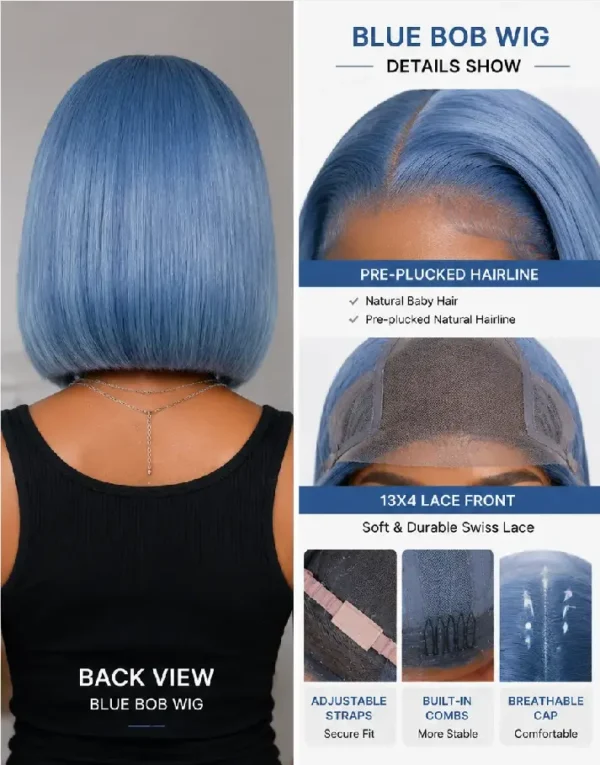 Blue Bob Wig Back View and Detail Close Up, Synthetic Short Bob Wig