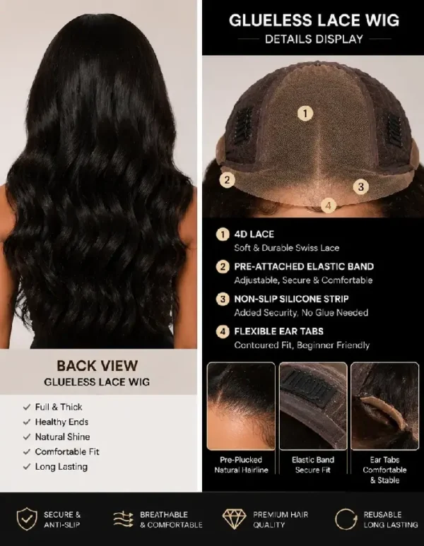 Glueless Lace Wigs Back View & Cap Structure Details