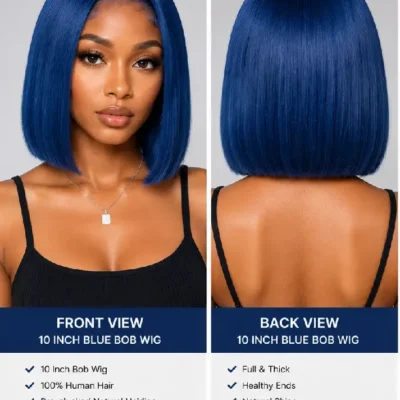 Front & Back View Model Wear 10-Inch Blue Bob Human Hair Wig