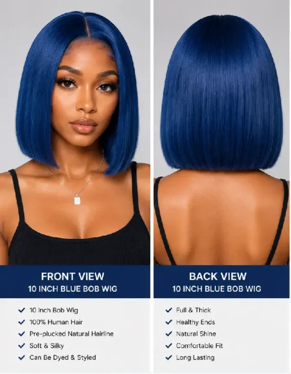 Front & Back View Model Wear 10-Inch Blue Bob Human Hair Wig