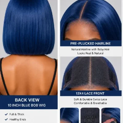 Back & detail shot of 10-Inch Blue Bob Human Hair Wig on model
