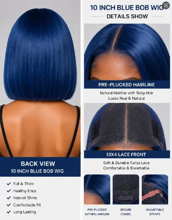 Back & detail shot of 10-Inch Blue Bob Human Hair Wig on model