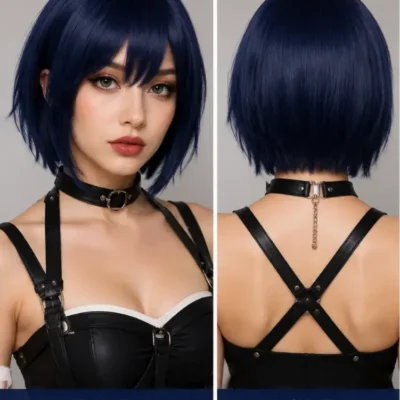 Dark Blue Short Bob Cosplay Synthetic Wig, Front and Back View with Detail Close Up