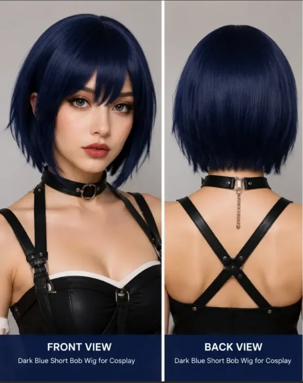 Dark Blue Short Bob Cosplay Synthetic Wig, Front and Back View with Detail Close Up