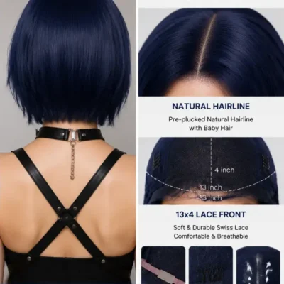 Dark Blue Short Bob Wig for Cosplay Back View and Detail Close Up, Synthetic Short Bob Wig