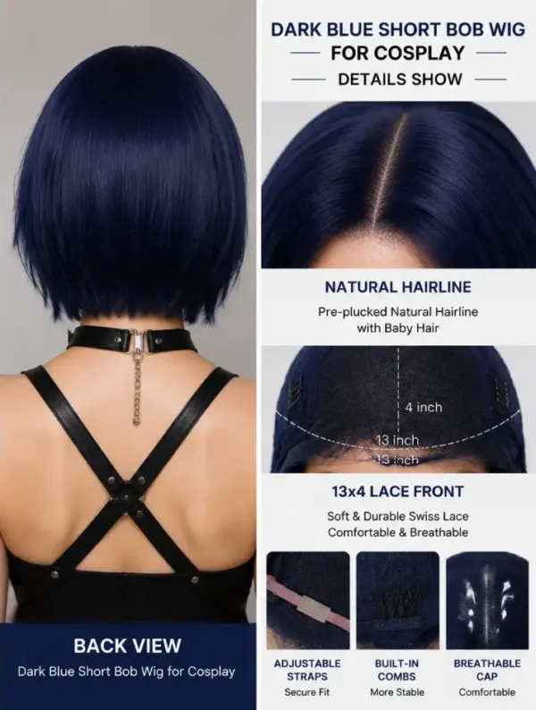 Dark Blue Short Bob Wig for Cosplay Back View and Detail Close Up, Synthetic Short Bob Wig