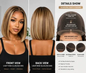 Light bob glueless wig product showcase featuring front view, back view, and detailed cap construction with invisible lace, pre-plucked hairline, and adjustable secure fit designed for natural look and easy wear in B2B ecommerce display.