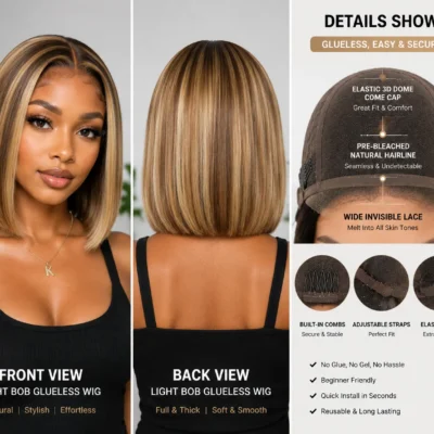 Light Bob Glueless Wig Light bob glueless wig product showcase featuring front view, back view, and detailed cap construction with invisible lace, pre-plucked hairline, and adjustable secure fit designed for natural look and easy wear in B2B ecommerce display.