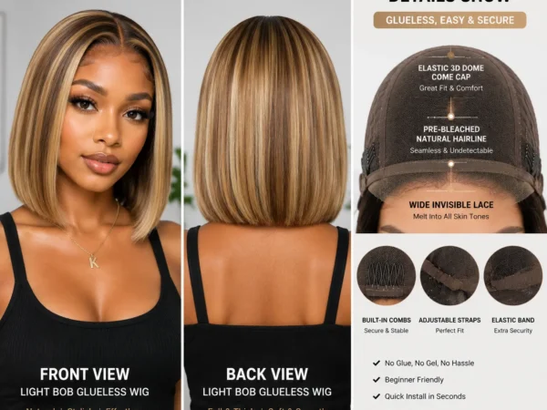 Light Bob Glueless Wig Light bob glueless wig product showcase featuring front view, back view, and detailed cap construction with invisible lace, pre-plucked hairline, and adjustable secure fit designed for natural look and easy wear in B2B ecommerce display.