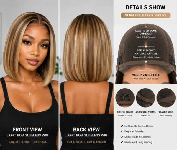 Light Bob Glueless Wig Light bob glueless wig product showcase featuring front view, back view, and detailed cap construction with invisible lace, pre-plucked hairline, and adjustable secure fit designed for natural look and easy wear in B2B ecommerce display.