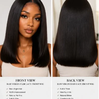 Raw Virgin Hair Lace-Front Wigs Raw Virgin Hair Lace-Front Wigs front and back view display showing natural hairline, silky straight texture, full density, and realistic scalp finish for wholesale B2B ecommerce product presentation.