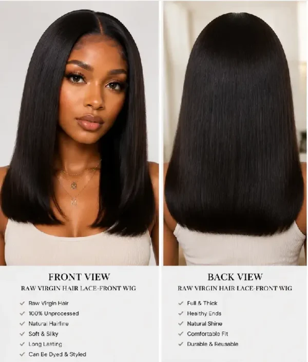 Raw Virgin Hair Lace-Front Wigs Raw Virgin Hair Lace-Front Wigs front and back view display showing natural hairline, silky straight texture, full density, and realistic scalp finish for wholesale B2B ecommerce product presentation.