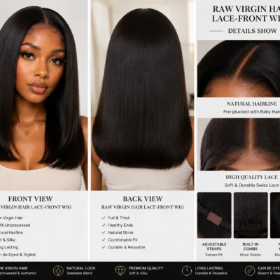 Raw Virgin Hair Lace-Front Wigs Raw Virgin Hair Lace-Front Wigs product showcase featuring front view, back view, and detailed close-up of lace construction, natural hairline, and breathable cap design for wholesale B2B ecommerce display.