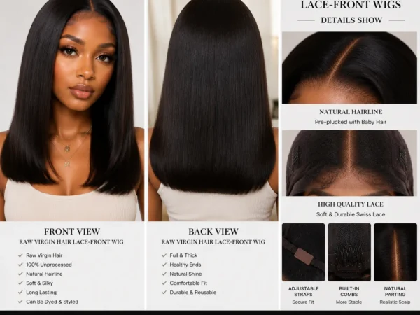 Raw Virgin Hair Lace-Front Wigs product showcase featuring front view, back view, and detailed close-up of lace construction, natural hairline, and breathable cap design for wholesale B2B ecommerce display.