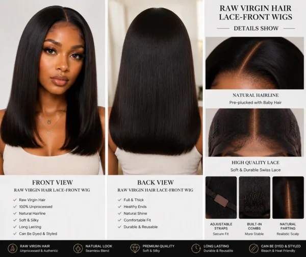 Raw Virgin Hair Lace-Front Wigs Raw Virgin Hair Lace-Front Wigs product showcase featuring front view, back view, and detailed close-up of lace construction, natural hairline, and breathable cap design for wholesale B2B ecommerce display.