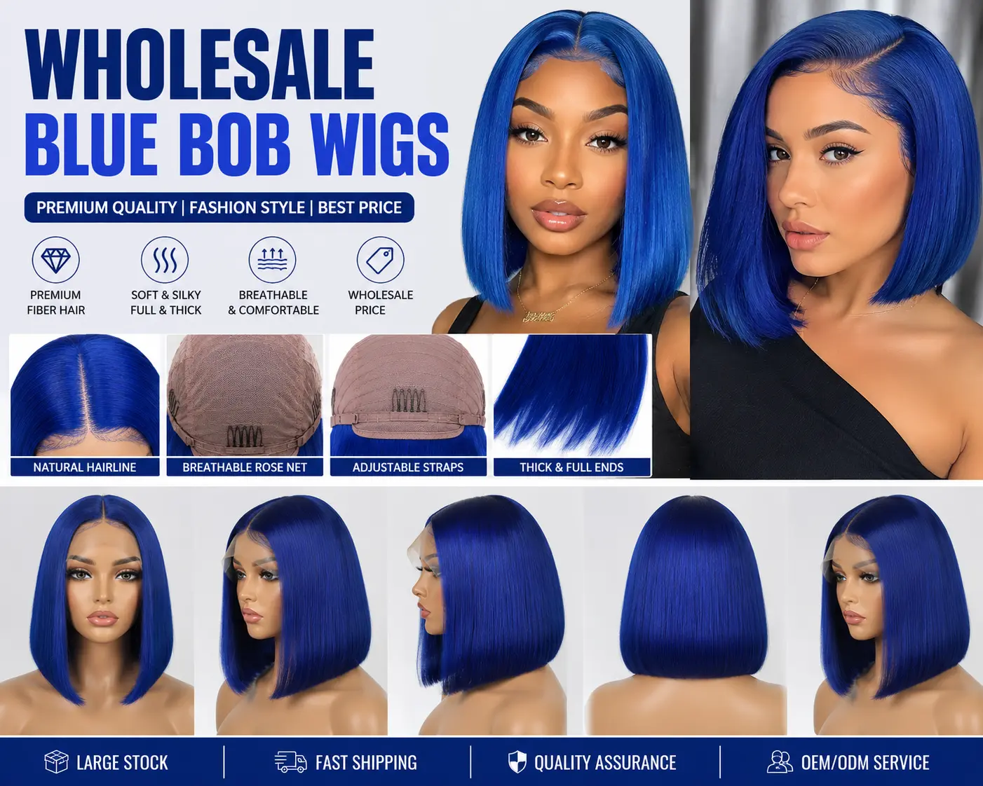Wholesale Blue Bob Wigs, royal blue lace front bob wig with natural hairline and silky texture