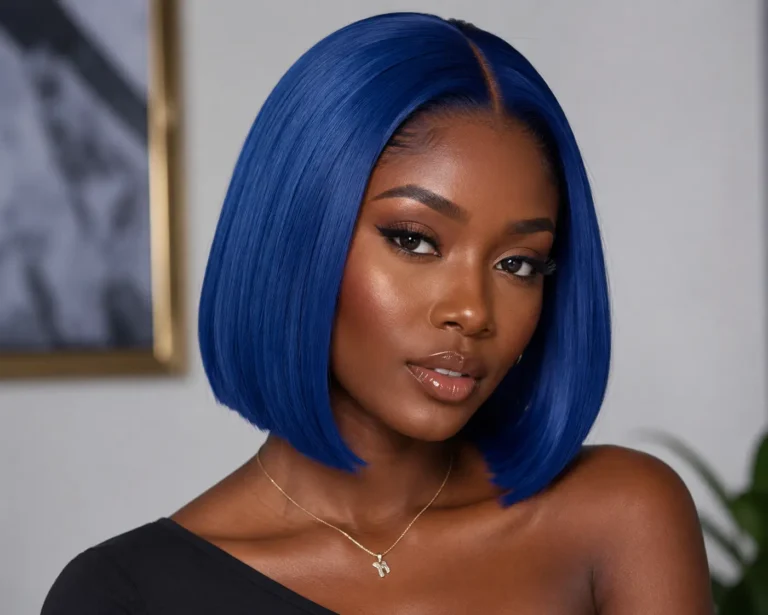 Blue bob wig for dark skin women featuring a sleek straight bob cut and natural lace front appearance