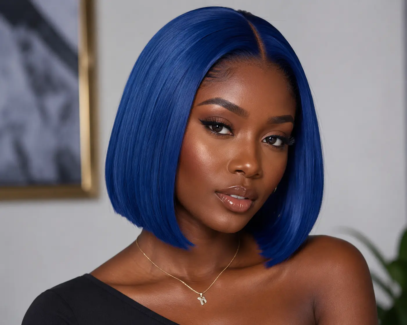Blue bob wig for dark skin women featuring a sleek straight bob cut and natural lace front appearance