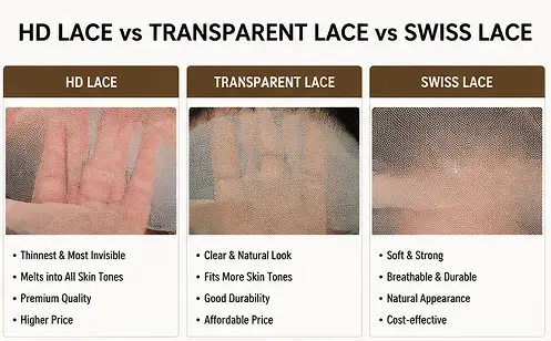 Comparison between HD lace wig transparent lace wig and Swiss lace wig
