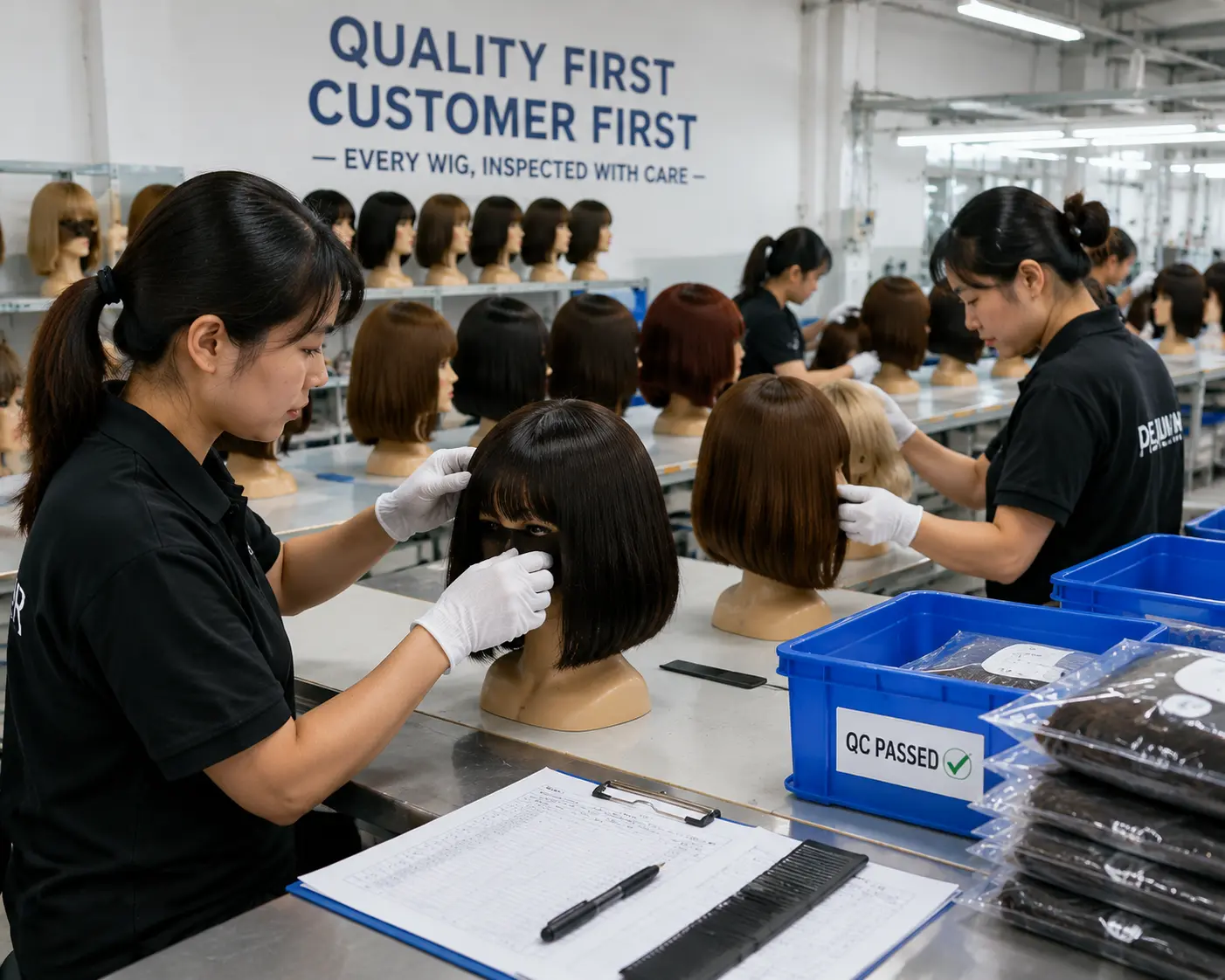 Workers inspecting human hair bob wigs quality before bulk wholesale shipment