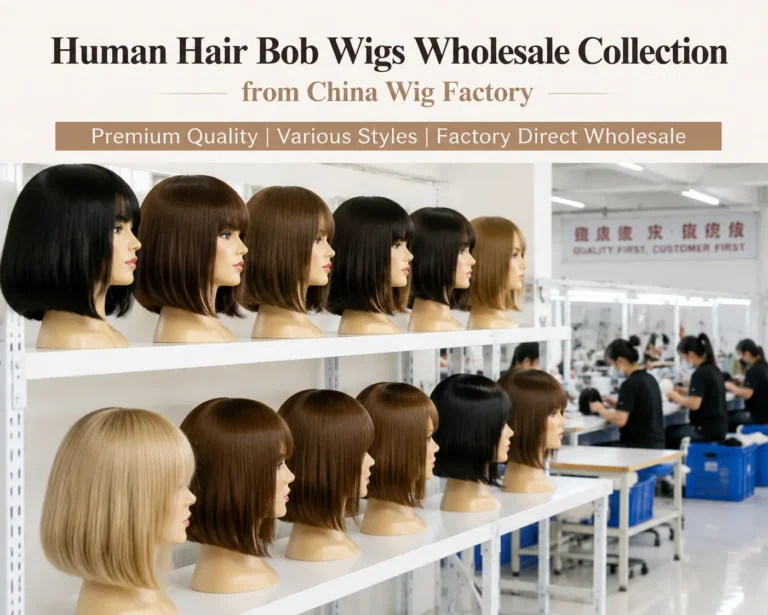 Human hair bob wigs wholesale collection displayed in a professional China wig factory