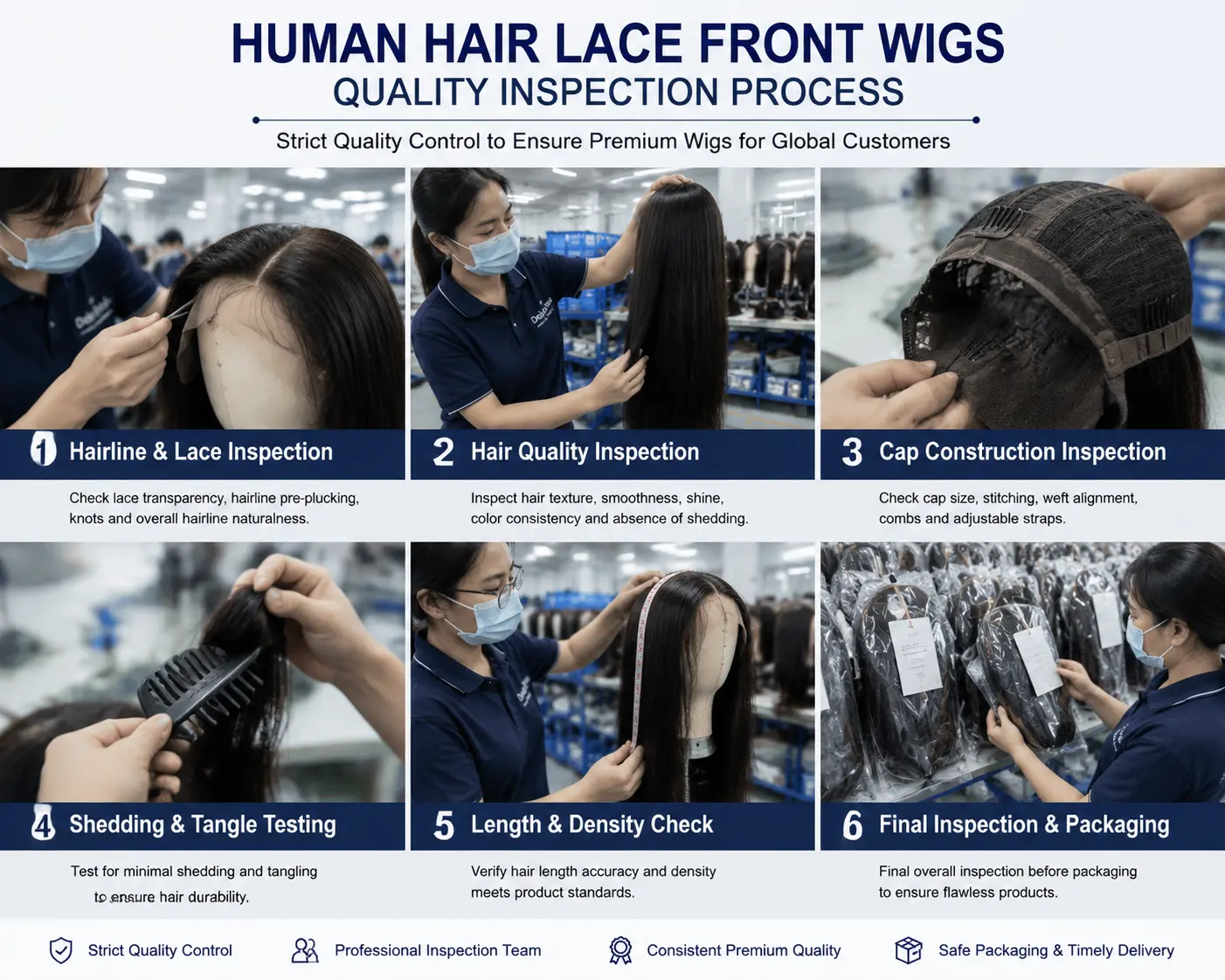 Human hair lace front wigs quality inspection process