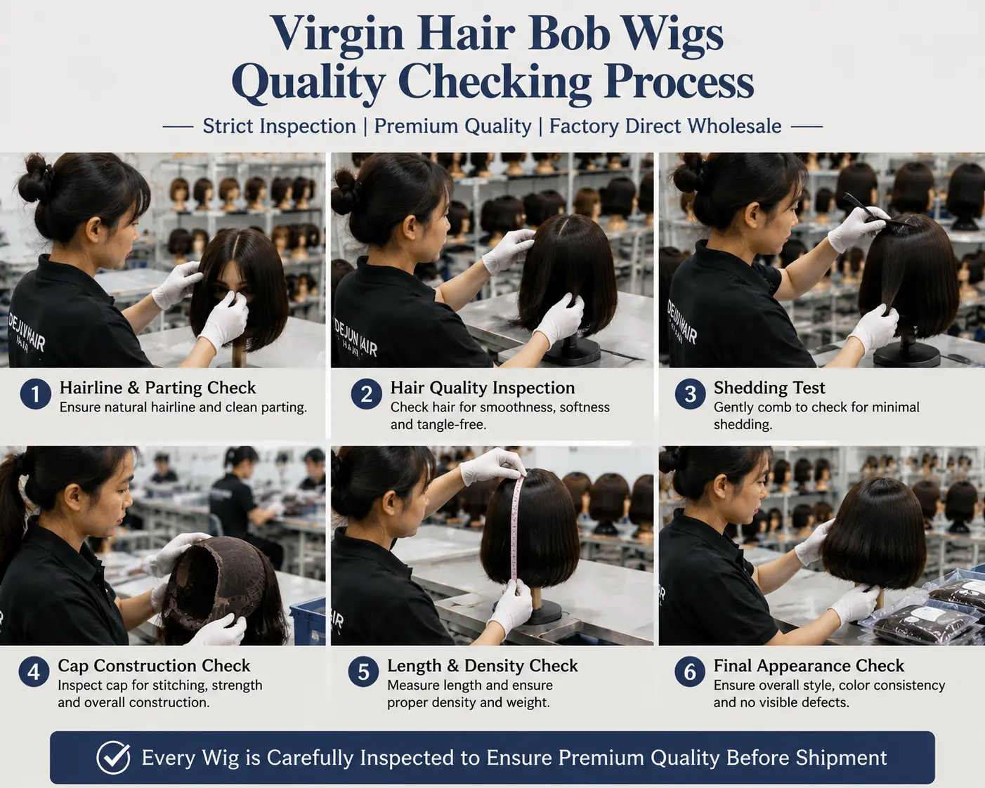 Virgin hair bob wigs quality checking process in professional wig manufacturing factory