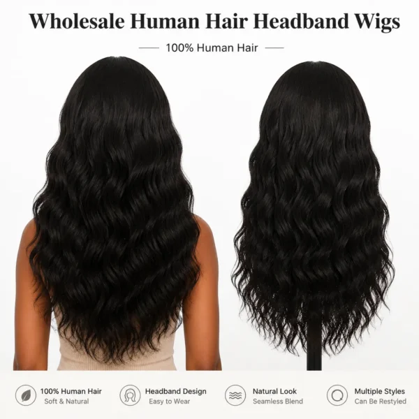 wholesale-Human-Hair-Headband -wigs-back Back View of Wholesale Human Hair Headband Wigs with Long Black Wavy Texture, 100% Human Hair Wig Natural Look