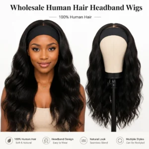 Wholesale Human Hair Headband Wigs with Natural Black Wavy Hair, 100% Virgin Human Hair Easy Wear Wig for Women