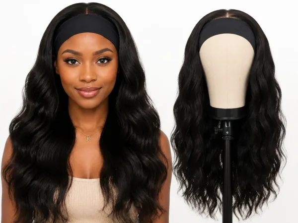 wholesale-Human-Hair-Headband -wigs-front Wholesale Human Hair Headband Wigs with Natural Black Wavy Hair, 100% Virgin Human Hair Easy Wear Wig for Women
