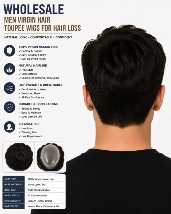 wholesale-men-virgin-hair-toupee-wigs-back.jpg Wholesale Men Virgin Hair Toupee Wigs for Hair Loss Side View - Natural Looking Mens Hair Replacement Toupee with Soft Texture and Comfortable Fit